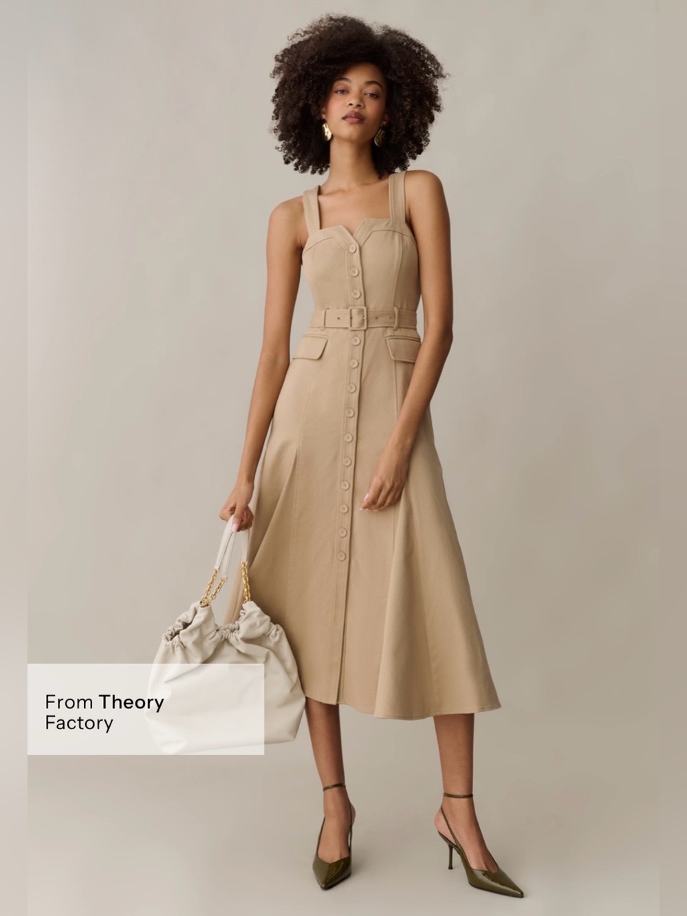 o.p.t. Raya Khaki Midi Dress Size 2 NWT Belted Button Front Theory Inspired